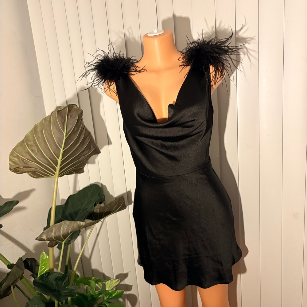 Elegant Black Backless Dress with Feather Details